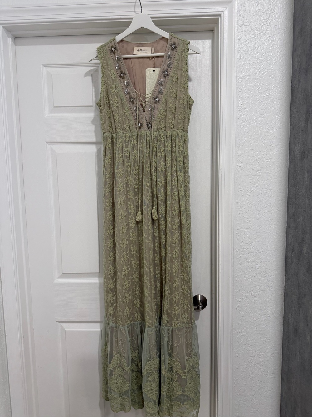 Embroidered Lace Maxi Dress in Sage Green